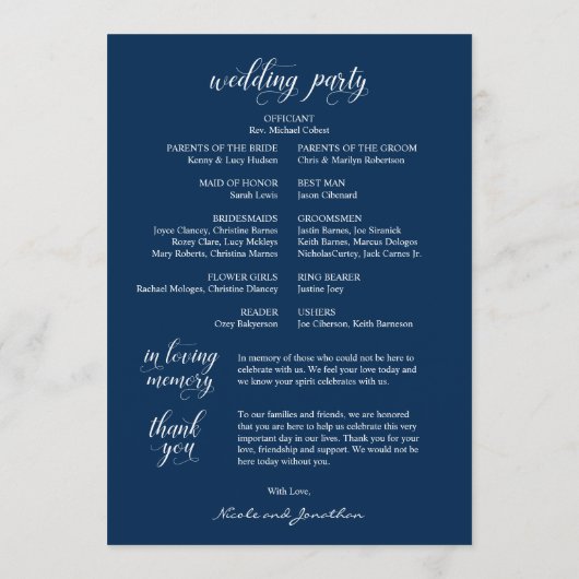 Elegant Navy Classy Script, Wedding Ceremony Progr Programmakaart (Achterkant)