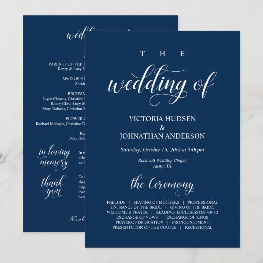 Elegant Navy Classy Script, Wedding Ceremony Progr Programmakaart (Voorkant / Achterkant)
