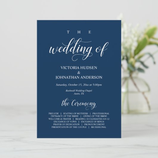 Elegant Navy Classy Script, Wedding Ceremony Progr Programmakaart (Staand voorkant)