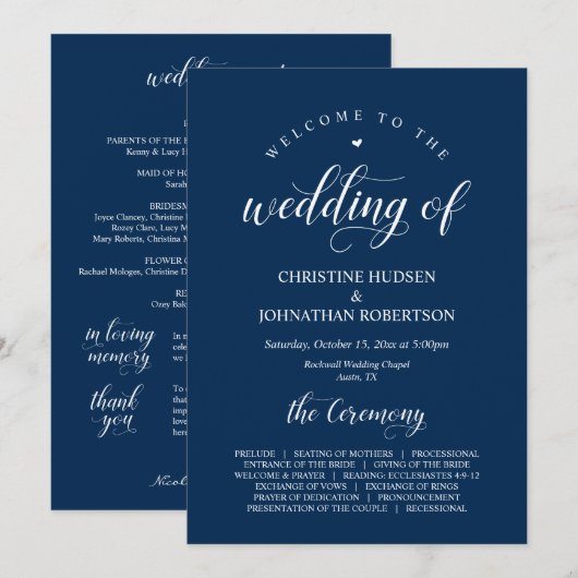 Elegant Navy Classy Script, Wedding Ceremony Progr Programmakaart (Voorkant / Achterkant)