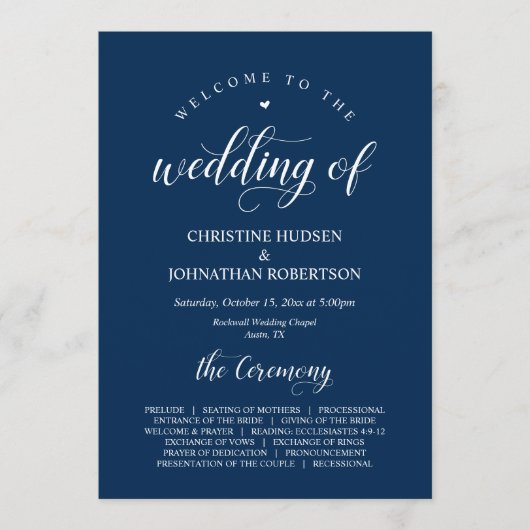 Elegant Navy Classy Script, Wedding Ceremony Progr Programmakaart (Voorkant)