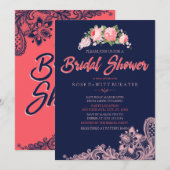 Elegant Navy & Coral Bridal Shower Invitations Kaart (Voorkant / Achterkant)