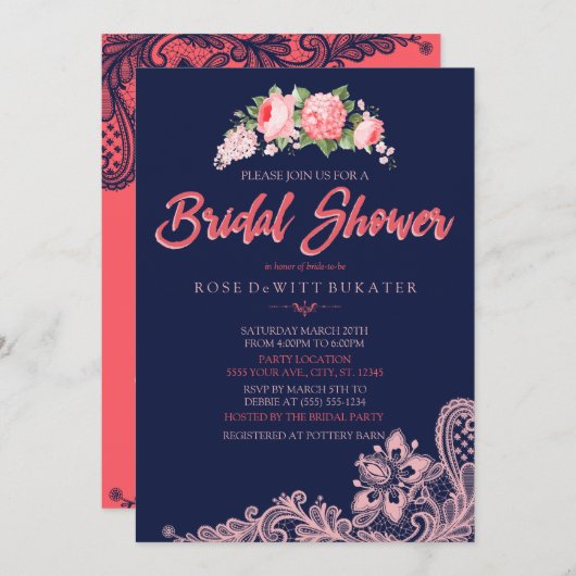 Elegant Navy & Coral Bridal Shower Invitations Kaart (Voorkant / Achterkant)