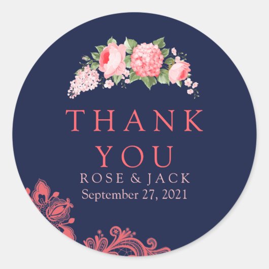 Elegant Navy & Coral Lace Dank u Stickers (Voorkant)