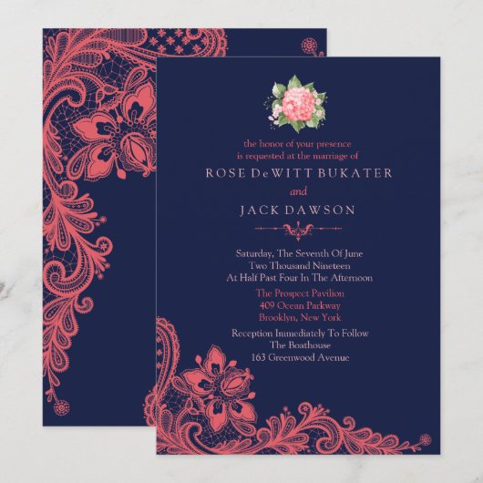 Elegant Navy & Coral Wedding Invitations Kaart (Voorkant / Achterkant)
