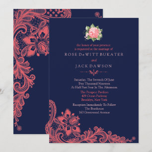 Elegant Navy & Coral Wedding Invitations Kaart
