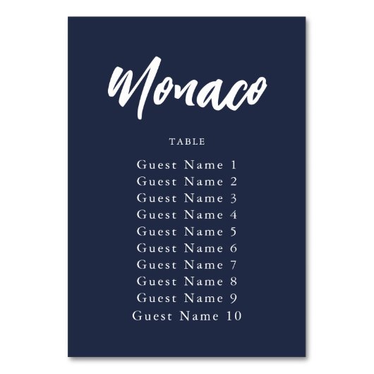 Elegant Navy Custom Table Name Seating Assignation Kaart (Achterkant)