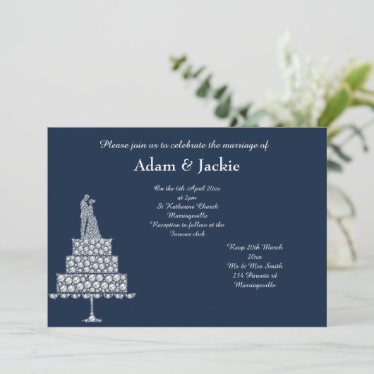 ELEGANT NAVY DIAMOND SET WEDING KAART (Staand voorkant)