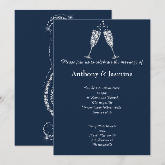 ELEGANT NAVY DIAMOND SWIRL CHAMPAGNE GLASS WEDING KAART (Voorkant / Achterkant)