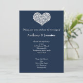 ELEGANT NAVY DIAMOND SWIRL HEART WEDING KAART (Staand voorkant)