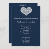 ELEGANT NAVY DIAMOND SWIRL HEART WEDING KAART (Voorkant / Achterkant)