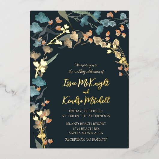 Elegant Navy Dusty Blue Botanical Wedding Folie Uitnodiging (Voorkant)