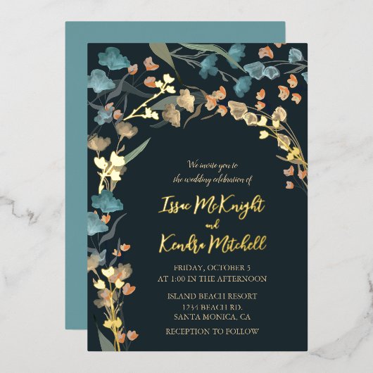 Elegant Navy Dusty Blue Botanical Wedding Folie Uitnodiging (Voorkant / Achterkant)