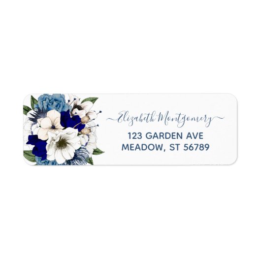 Elegant Navy Dusty Blue Floral Etiket (Voorkant)