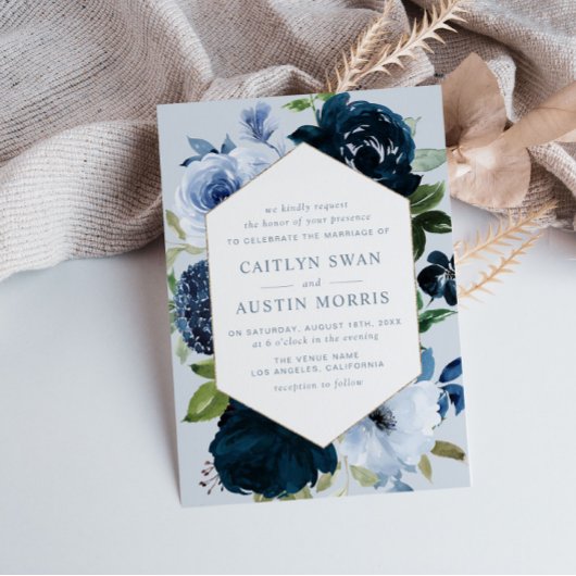 Elegant Navy & Dusty blue flower bruiloft Kaart