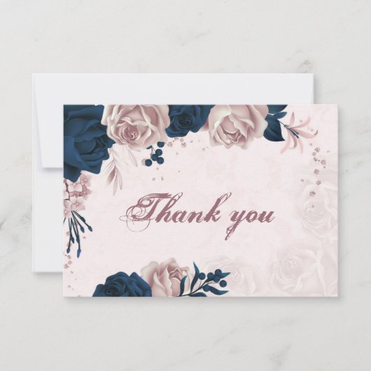 Elegant Navy & Dusty roos Bloemen Botanisch Dank Bedankkaart (Voorkant)