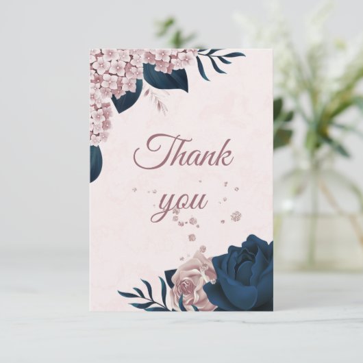 Elegant Navy & Dusty roos Bloemen Botanisch Dank Bedankkaart (Staand voorkant)