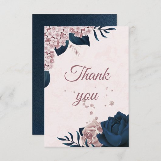 Elegant Navy & Dusty roos Bloemen Botanisch Dank Bedankkaart (Voorkant / Achterkant)