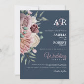 Elegant Navy Dusty Roos Waterverf Floral Invitati Kaart (Voorkant)