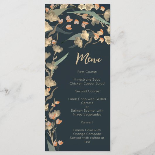 Elegant Navy en Beige Bloem Botanisch  Menu (Voorkant)