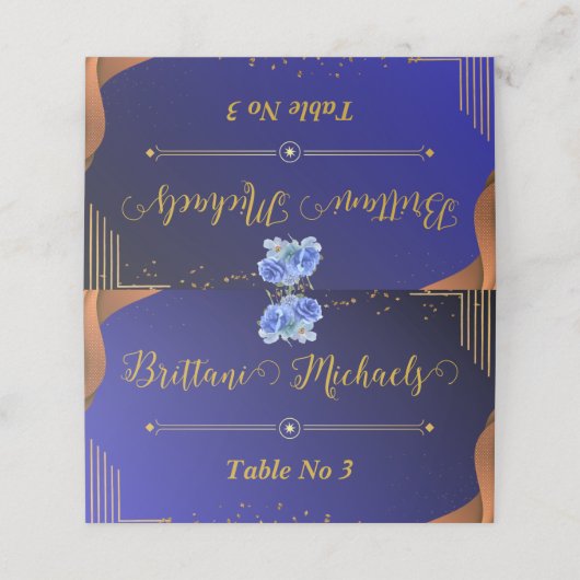 Elegant Navy en Burnt Sinaasappel Custom Tafelnumm Plaatskaartje (Buitenkant ongevouwen)