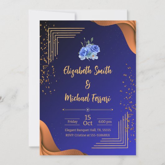 Elegant Navy en Burnt Sinaasappel Elegant Wedding Kaart (Voorkant)