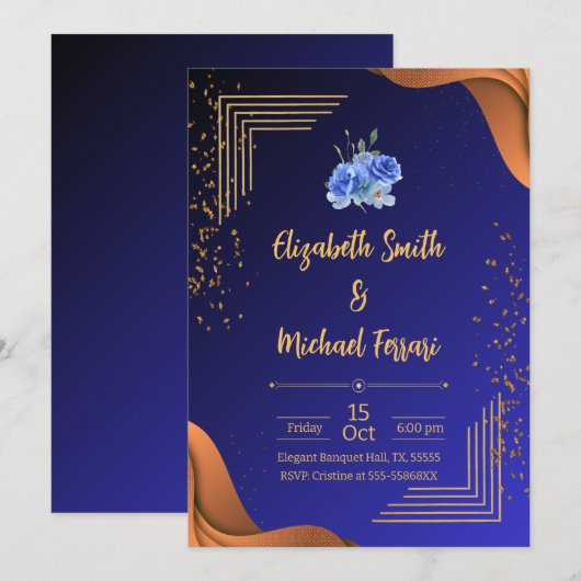 Elegant Navy en Burnt Sinaasappel Elegant Wedding Kaart (Voorkant / Achterkant)
