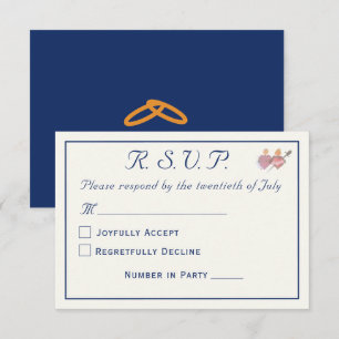 Elegant Navy en Crème Twee Harten Katholieke Bruil RSVP Kaartje