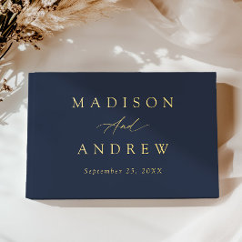 Elegant Navy en Goud Folie Calligrafie Bruiloft Gastenboek