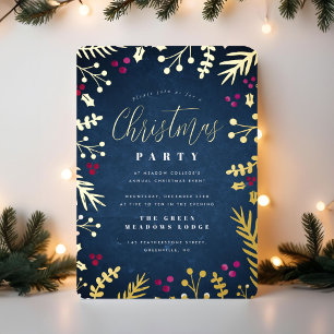 Elegant Navy en Goud Kerstfeest Folie Uitnodiging