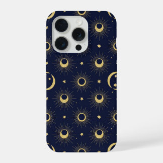 Elegant Navy en Gouden Hemelmaan & Zon Patroon iPhone 15 Pro Case