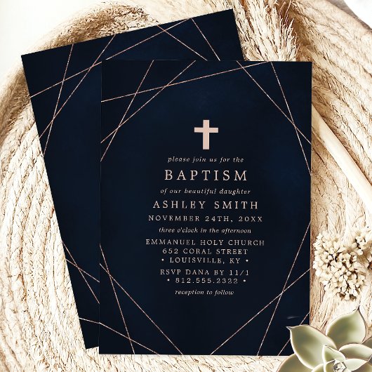 Elegant Navy en Roos Gold Cross Geometric Baptism Kaart