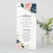Elegant Navy en Roze Roze Bloemige Bruiloft Programmakaart (Staand voorkant)