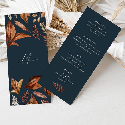 Elegant Navy en Terracotta Bloemen Bruiloft Menu