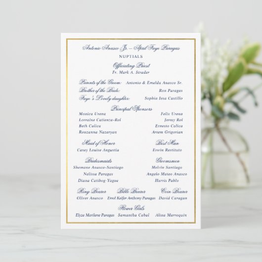 Elegant Navy Faux Gold Border Custom Entourage Kaart (Staand voorkant)