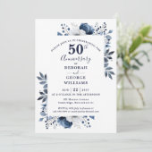 Elegant Navy Floral 50e bruiloft Jubileum Kaart (Staand voorkant)