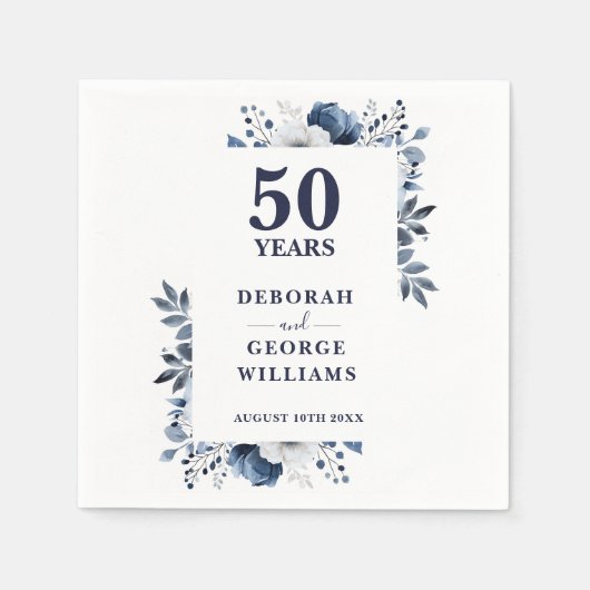 Elegant Navy Floral 50e bruiloft Jubileum Servet (Voorkant)