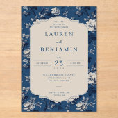 Elegant Navy Floral Acryl Uitnodigingen (Voorkant)