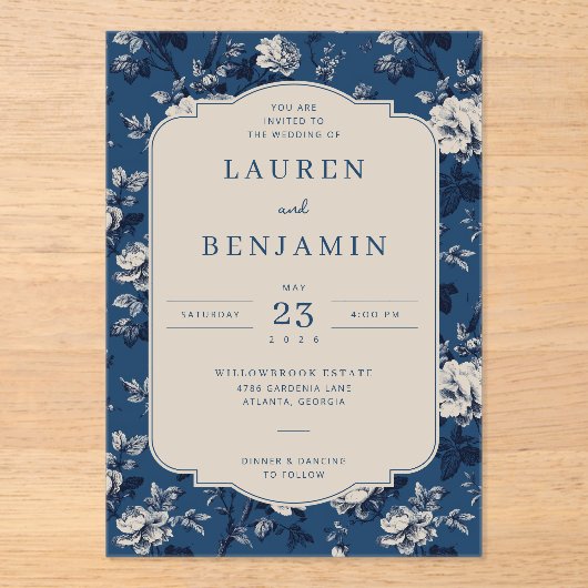 Elegant Navy Floral Acryl Uitnodigingen (Voorkant)