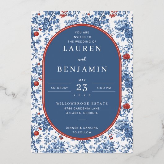 Elegant Navy Floral Border Folie Uitnodiging (Voorkant)