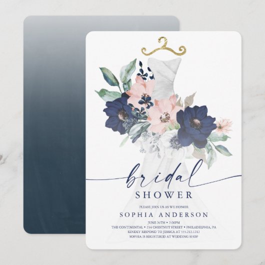 Elegant Navy Floral Bridal Shower Invitation Kaart (Voorkant / Achterkant)
