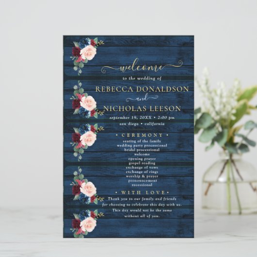 Elegant Navy Floral Calligraphy Wedding Programme (Staand voorkant)