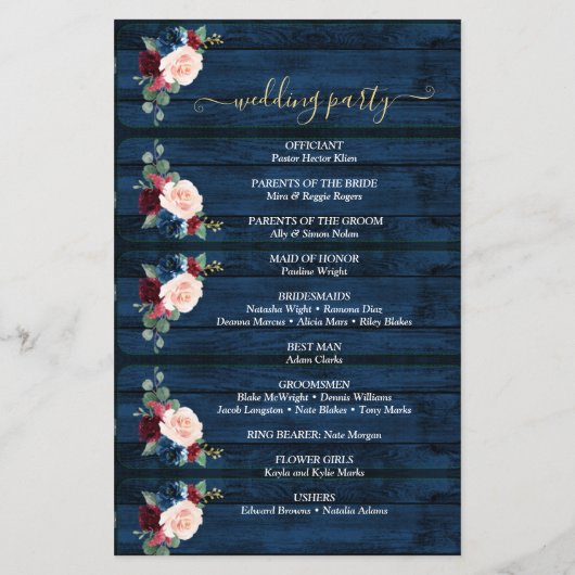 Elegant Navy Floral Calligraphy Wedding Programme (Achterkant)
