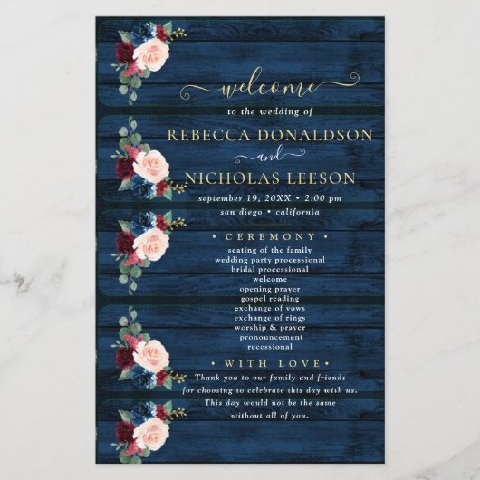 Elegant Navy Floral Calligraphy Wedding Programme (Voorkant)