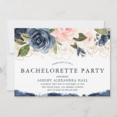Elegant Navy Floral Gold Blush Bachelorette Party Kaart (Voorkant)