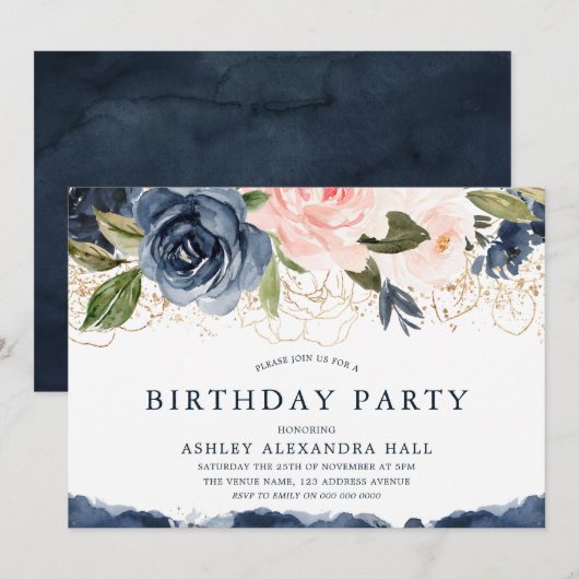 Elegant Navy Floral Gold Blush Birthday Party Kaart (Voorkant / Achterkant)