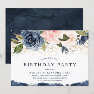 Elegant Navy Floral Gold Blush Birthday Party Kaart