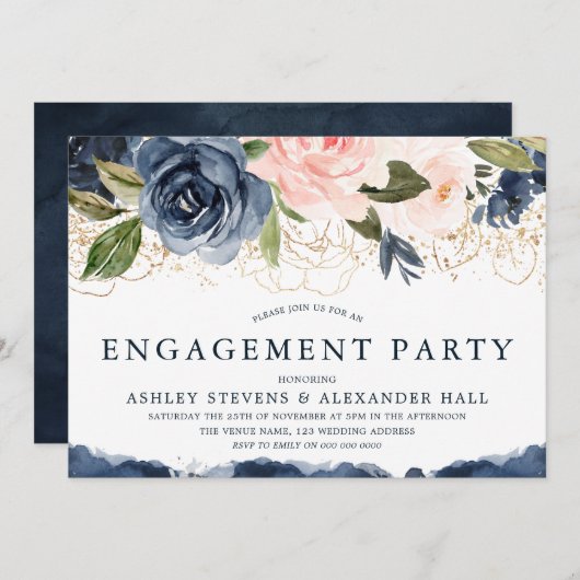 Elegant Navy Floral Gold Blush Engagement Party Kaart (Voorkant / Achterkant)
