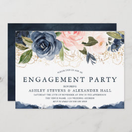 Elegant Navy Floral Gold Blush Engagement Party Kaart