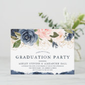 Elegant Navy Floral Gold Blush Graduparty Kaart (Staand voorkant)